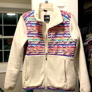 COPY - The North Face winter white and multi colored jacket, size medium.